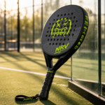 Raquette padel NRV ORIGINE noire sur court coucher de soleil — marque française
