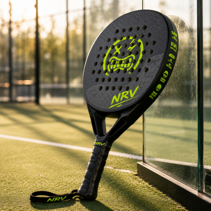 Raquette padel NRV ORIGINE noire sur court coucher de soleil — marque française