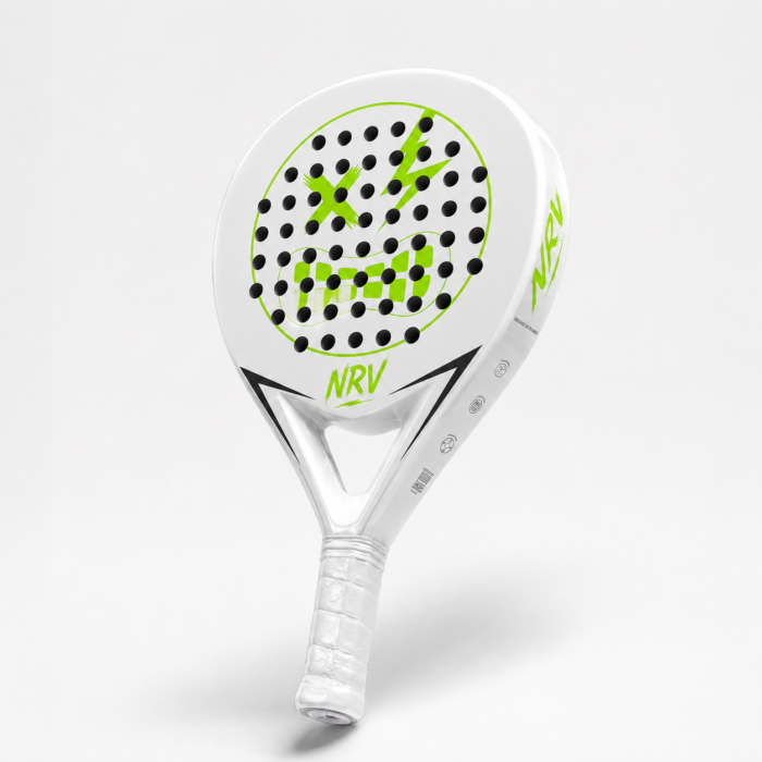 Raquette padel NRV ONE blanc vue 3/4 — fibre de verre carbone