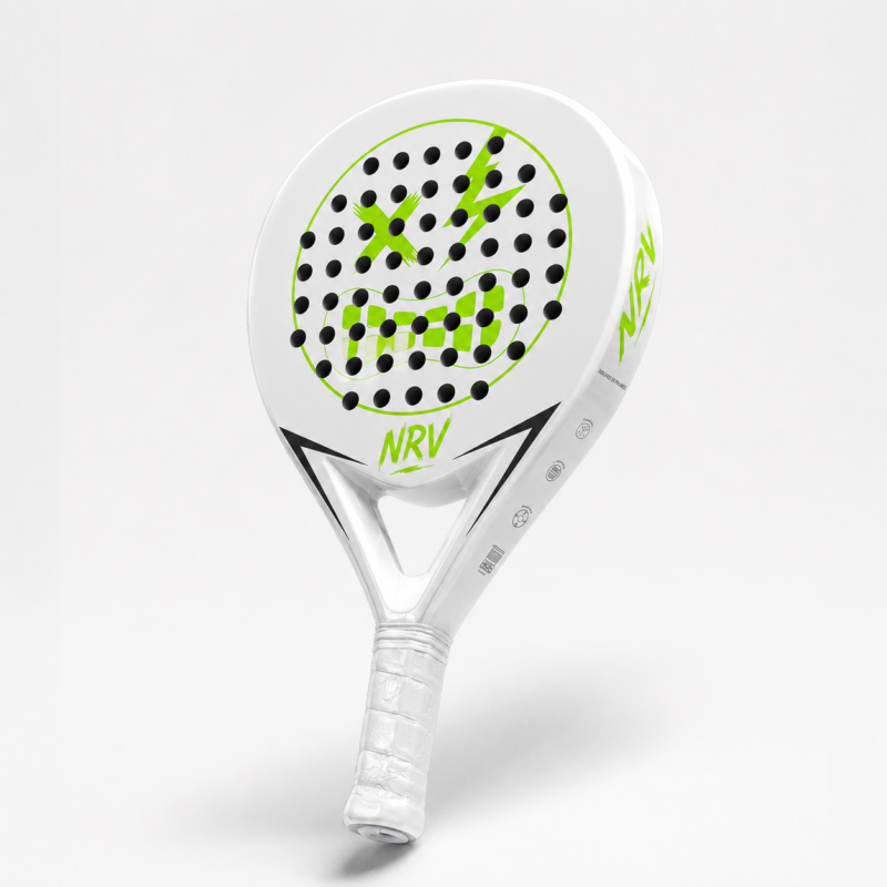 Raquette padel NRV ONE blanc vue 3/4 — fibre de verre carbone