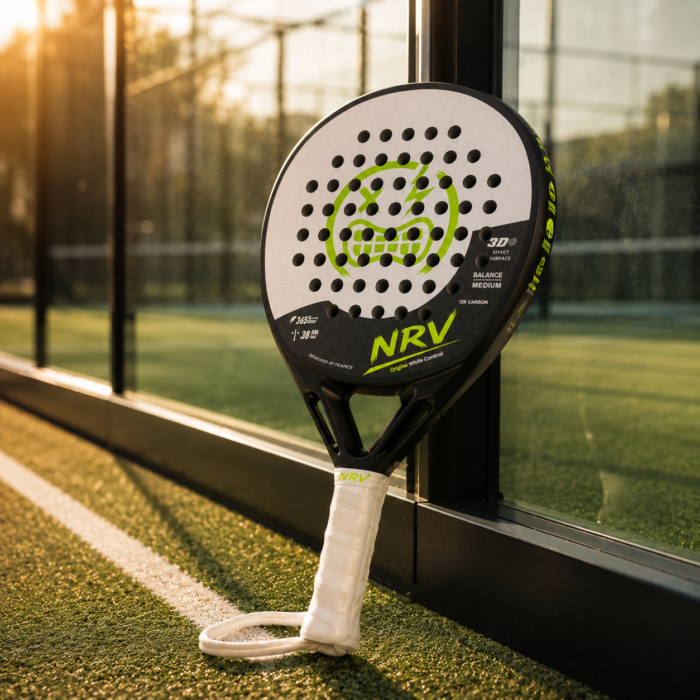 Raquette padel NRV ORIGINE blanche sur court coucher de soleil — marque française