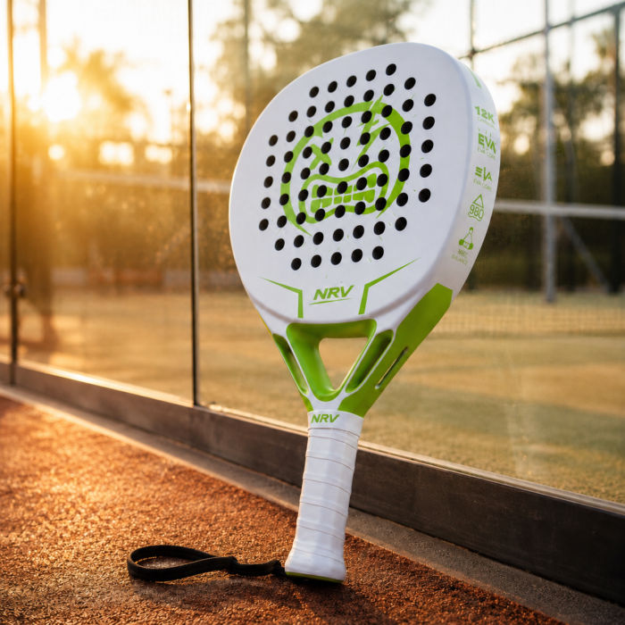 Raquette padel NRV SHADOW blanche sur court coucher de soleil — marque française
