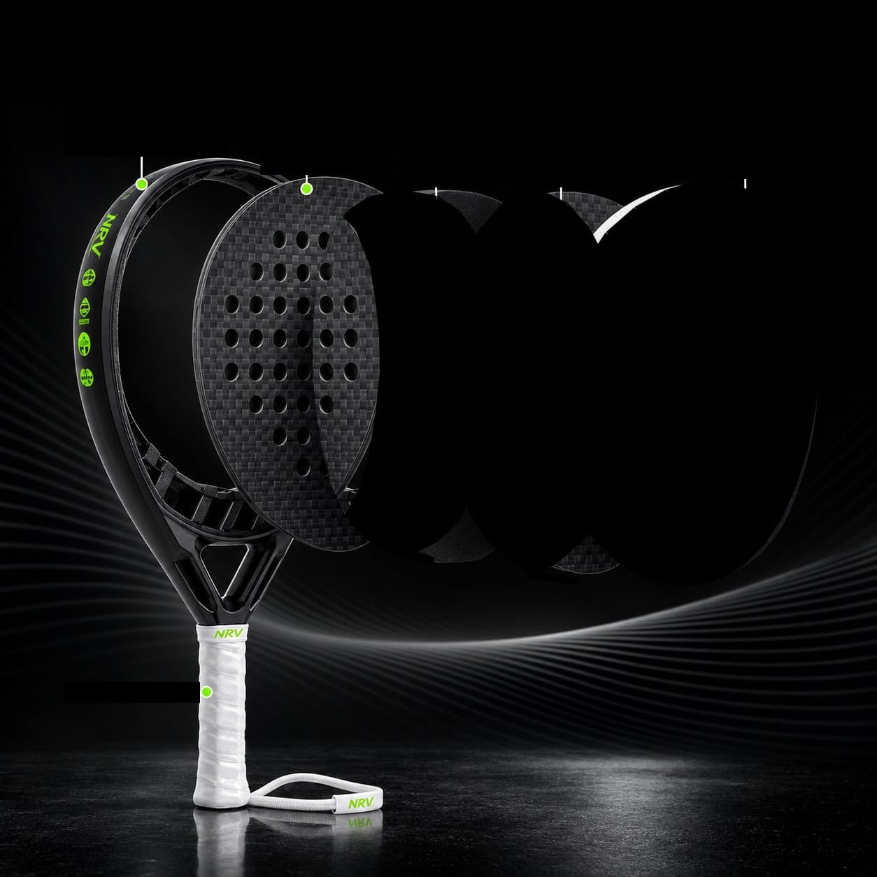 Raquette de padel NRV Origine White en vue éclatée : cadre carbone, faces carbone 12K, noyau EVA, finition 3D